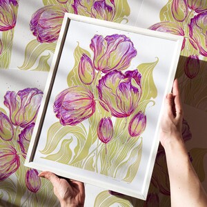 Aquarell Lila Tulpen Blumen Linoldruck Limette Creme Pflanze Botanische Original Kunst Kunst Frühling Wohndekor Unikat