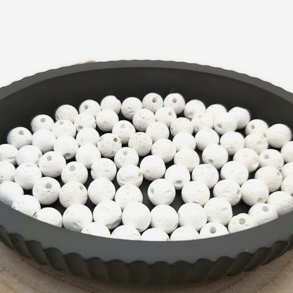 Perles Pierre de lave blanche - Perles rondes de 8 mm -  Lave de roche. Pierre naturelle. Création bijoux, bracelet