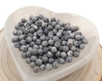 Lot De Perles Jaspe Paysage 8mm – Environ 45 Pièces Sur Fil De 39cm – Gris Et Noir