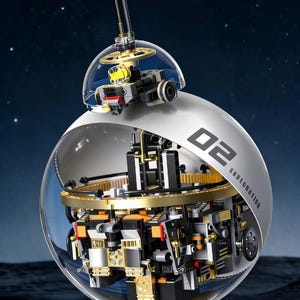May include: A detailed model of a spherical robot with a transparent dome. The robot features a complex internal structure with gold, black, and orange components. The exterior is white with the number "02" and the word "EXPLORATION" printed on it.