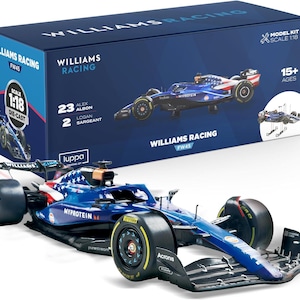 May include: A blue and white Williams Racing FW45 model car, scale 1:18, with the text "MYPROTEIN" and "Acronis". The box behind the car has the text "WILLIAMS RACING" and "FW45".