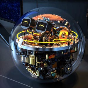 May include: A detailed, futuristic model encased in a clear sphere. The model features intricate mechanical components in gold, black, and silver, with two small screens and a yellow glowing wire. The design suggests a high-tech or science fiction theme.