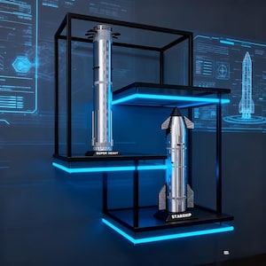 May include: Two silver rocket models, "Super Heavy" and "Starship", are displayed on a black shelf with blue neon lighting. The models are detailed and stand on black bases. The background features digital schematics.