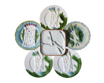 Set of Six Antique French Majolica Asparagus Plates in Varying Patterns