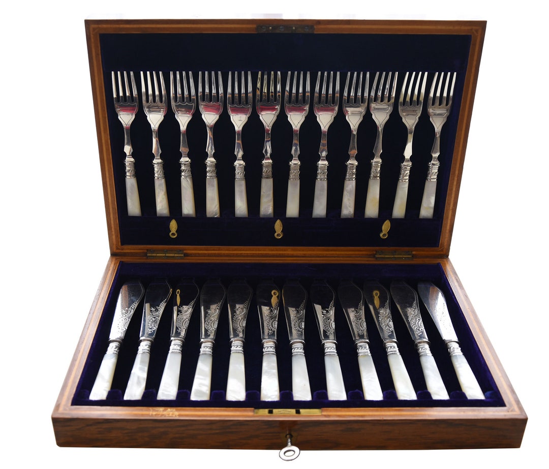 24 Piece Set of Fruit Knives and Forks With Mother of Pearl Etched
