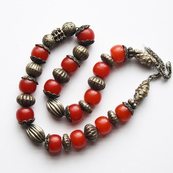 Antique Bedouin Necklace with Agate and Silver Beads