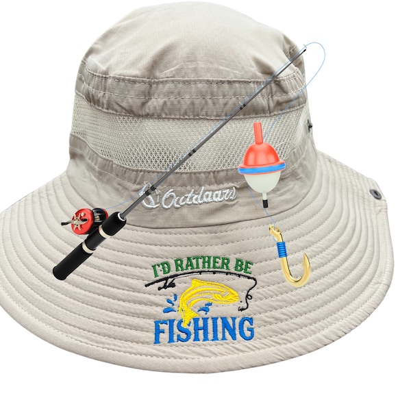 Bucket FishingHat/Beach Hat/Choose Grey, Navy or Kaki Hat/Machine Embroidered Design/(Fishing Rod Not Included)