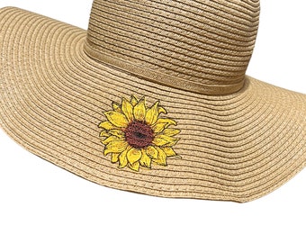 Sunflower Straw Sun Hat/Woman's Floppy Hat/Stylish Wide Brim/Machine Embroidered Sunflower Design