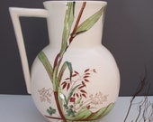 Victorian Aesthetic Movement 11 inch ceramic water pitcher Botanicals, dragonfly transfer pattern gorgeous, big