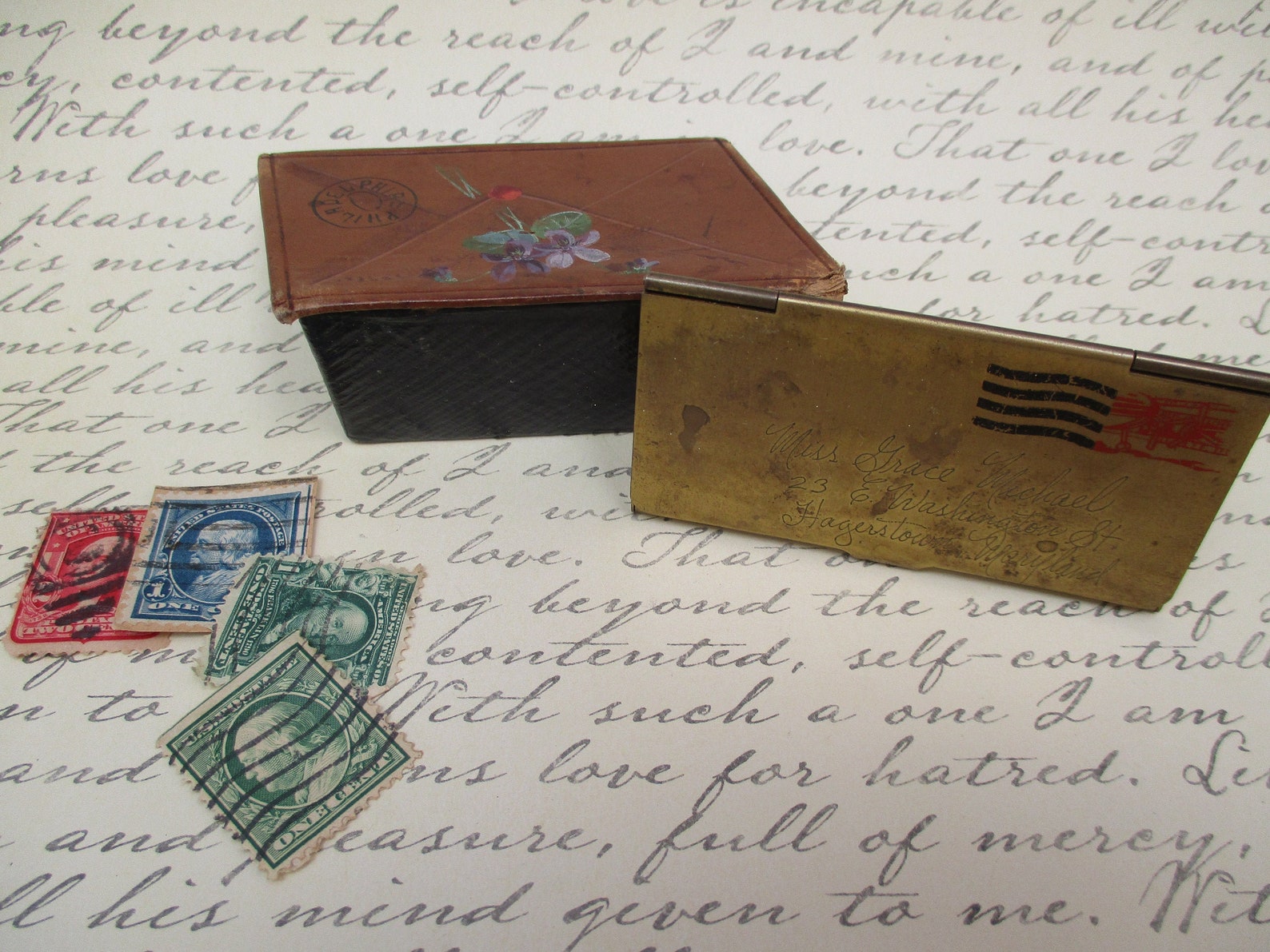 Vintage stamp holders leather & brass both with postmarks Etsy