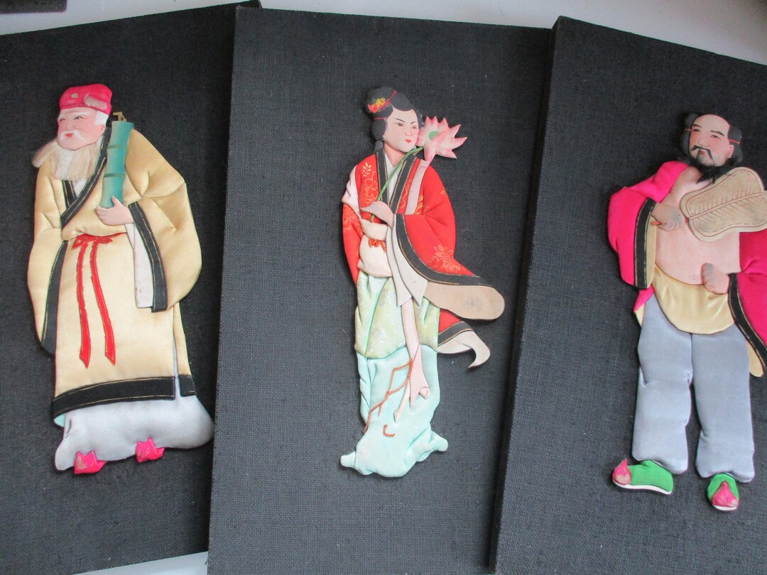 Mid Century Trio of Chinese Hand Painted Silk Wall Hangings Etsy