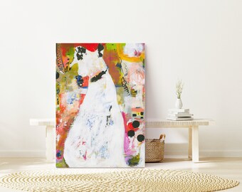 May include: Abstract painting of a white figure with black accents on a colorful background. The painting is framed and hanging on a white wall.