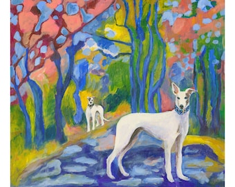 Greyhound Dog Art Print, Colorful Forest Scene