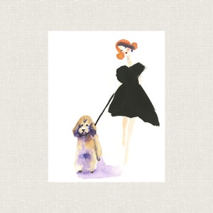 STANDARD POODLE ART Print Walking With Girl in Black Dress From Original Watercolor Painting