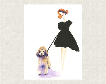 STANDAARD POEDELKUNSTprint wandelen met meisje in zwarte jurk uit originele aquarel