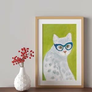 CAT ART PRINT, Whimsical Tabby cat with glasses for cat lover, home decor, cat lover gift, nursery art