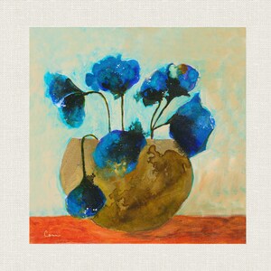 FLORAL ABSTRACT ART Print  with Blue Contemporary flowers In Gold Pot on Orange Table