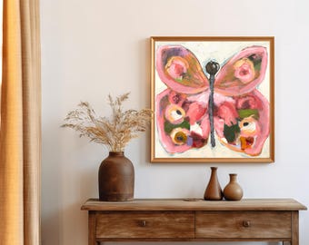 VLINDERSCHILDERIJKUNST Print kleurrijke hedendaagse roze vlinder voor thuis, kinderkamer, kantoorinrichting