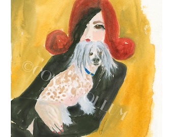 COLORFUL CONTEMPORARY CHINESE Crested Dog Art Print, Watercolor From Original Painting