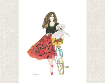 POODLE DOG ART Print | White Poodle with Woman Riding Bicycle for Kids Room, Home Decor or Poodle Mom