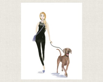 Weimaraner Dog Art Print, Walking Dog Watercolor Painting