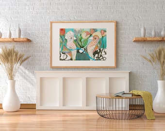 BIRDS COLORFUL WHIMSICAL Garden Print