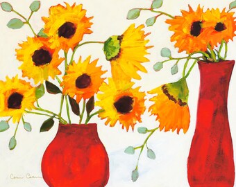 Zonnebloemprint, rode vazen, bloemsierkunst, moderne gicleeprint