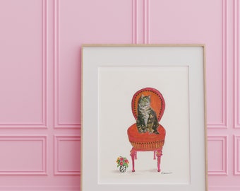 Tabby Cat Art Print, Sitting on Red Chair, Cat Lover Home Decor