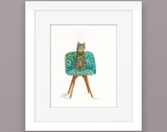 Tabby Cat Art Print: Green Chair, Cat Lover Home Decor