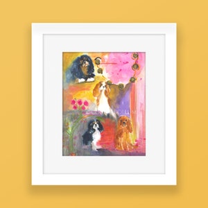 CAVALIER KING CHARLES Spaniel Dog Art Print, Whimsical  Cavalier King Charles Spaniels from original watercolor painting