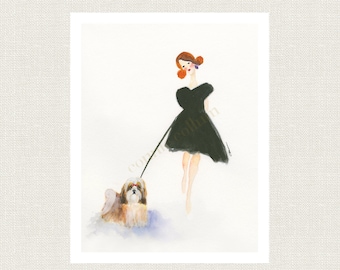 ART PRINT SHIH Tzu With Woman in Black Dress From My Original Watercolor Painting