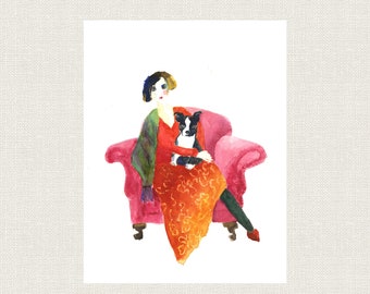 Boston Terrier-kunstprint, vrouw met hond, giclee-archieven