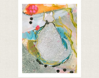 Colorful Cat Art Print, Whimsical Giclee "Dottie"