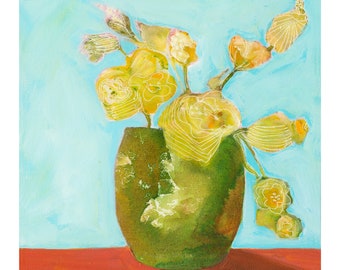 STAMPA D'ARTE, Fiori gialli in vaso verde, pittura floreale contemporanea su tela non stirata