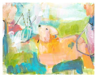 Dog in Meadow-kunstprint, kleurrijk, grillig kinderkamerdecor