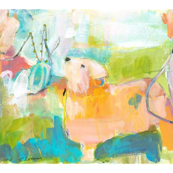 ART PRINT, Dog in Meadow Art Whimsical Contemporary Colorful Archival Print of My Original Painting for Nursery, Kids Room or Home Decor