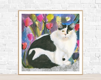 CATS & TULIPS Garden Art Print, Colorful Floral Contemporary Artwork