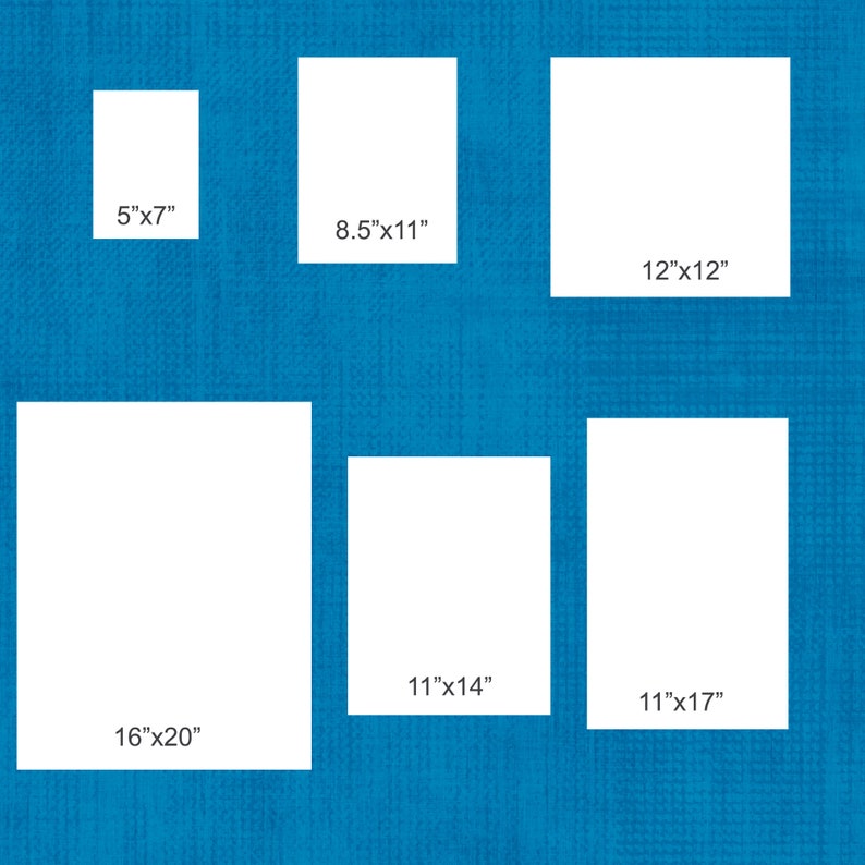 May include: Six white rectangular frames with black text indicating their dimensions in inches. The frames are arranged in a grid pattern on a blue textured background.