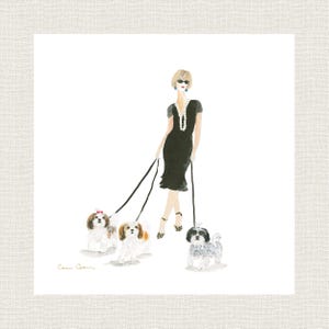 ART PRINT, SHIH Tzu Whimsical  Print For Shih Tzu Lovers , woman walking dogs. Change the hair color/style and breed/color/# of the dogs.