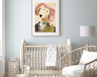 May include: A framed painting of a dog with pink and white accents. The painting is hanging on a light blue wall above a white crib and a wicker chair.