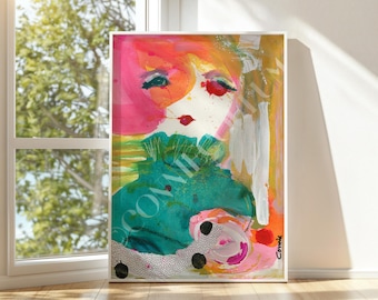 ABSTRACT WOMAN PORTRAIT, Colorful, Whimsical Feminine Mixed Media Print