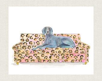 Weimaraner Dog Art Print, Leopard Couch Watercolor Painting, Animal Lover Gift