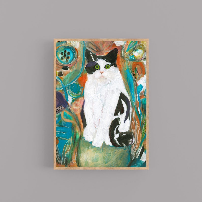 May include: A painting of a black and white cat with green eyes sitting in a colorful abstract background. The cat is looking directly at the viewer.
