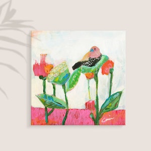GARDEN BIRD CONTEMPORARY Colorful Art Canvas Print, modern whimsical art with bird,  nursery garden print, office, wall art painting