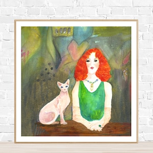 ART PRINT SPHYNX Cat sitting with woman in green dress