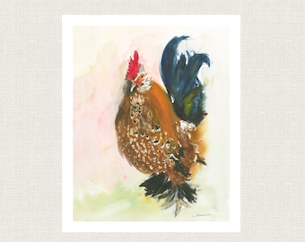 May include: Watercolor painting of a rooster with brown and white speckled feathers, a red comb, and a blue tail. The rooster is facing the left side of the image.