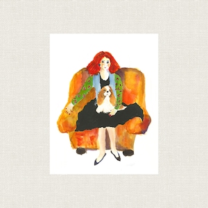 CAVALIER KING CHARLES Spaniel Hund Kunstdruck, Blenheim sitzend mit bunter Frau