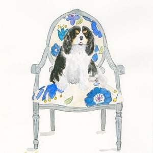 ORIGINAL WATERCOLOR PAINTING for King Charles Cavalier Lovers, Cavalier sitting on colorful blue chair