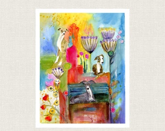 DOG Art Print , Whimsical Italian Greyhound Watercolor Wall Art From Original Painting