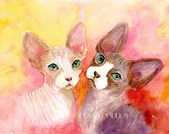 Sphynx Katze Kunst, Bunter Aquarell Giclée-Druck